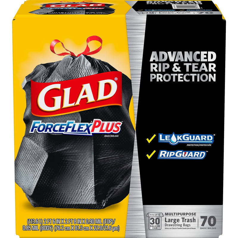 Glad ForceFlexPlus 30 Gallon Trash Bag, 5.31" x 10.06", Low Density, 0.90 mil, Black, 70/Box (70358)