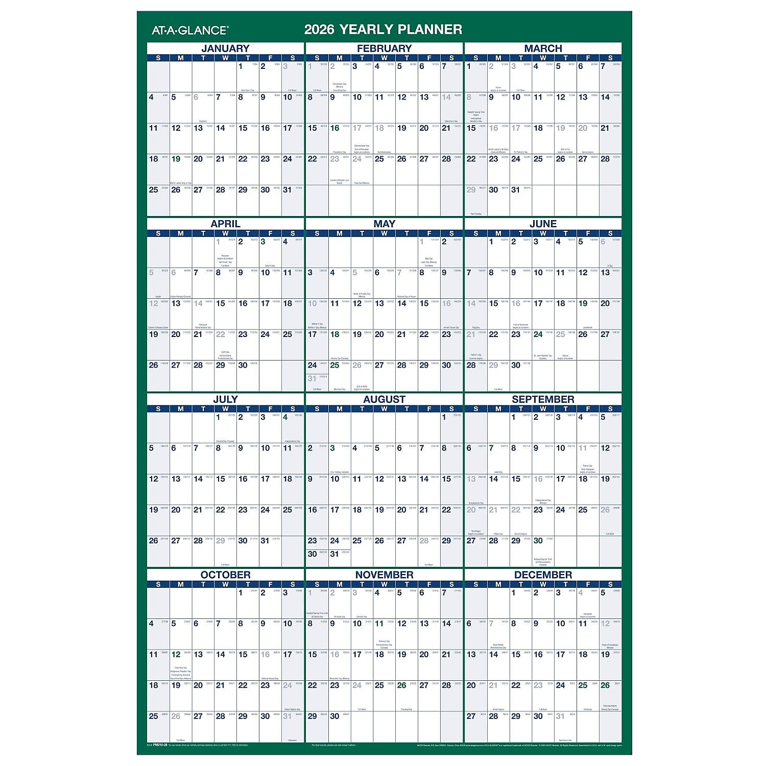 2026 AT-A-GLANCE 24" x 36" Yearly Dry Erase Wall Calendar, Reversible, White/Green (PM210-28-26)