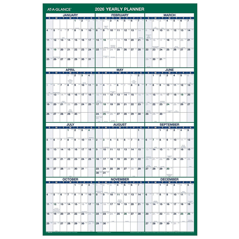 2026 AT-A-GLANCE 24" x 36" Yearly Dry Erase Wall Calendar, Reversible, White/Green (PM210-28-26)