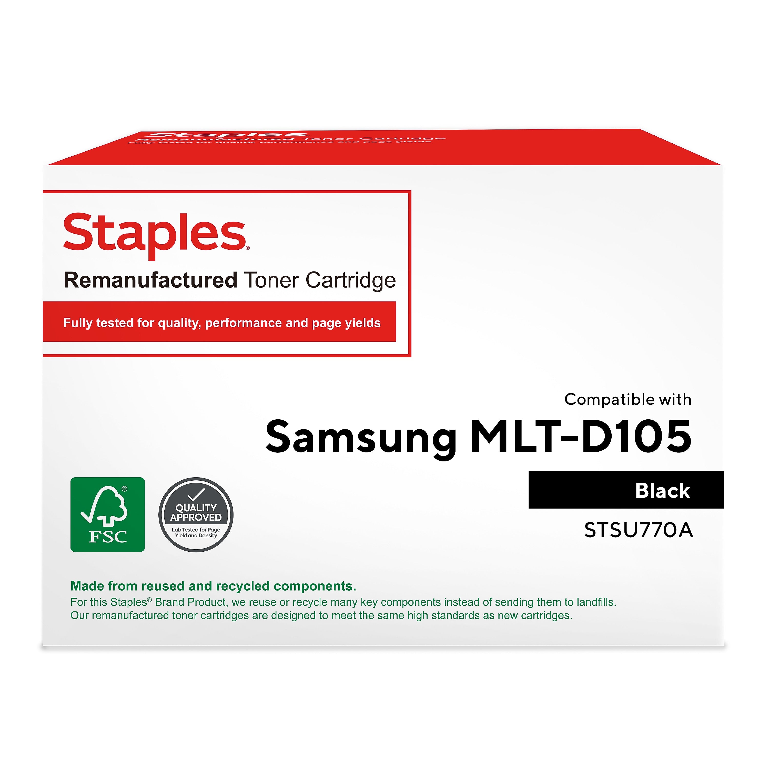Staples Remanufactured Black High Yield Toner Cartridge Replacement for Samsung MLT-D105L (TRSU770A/STSU770A)