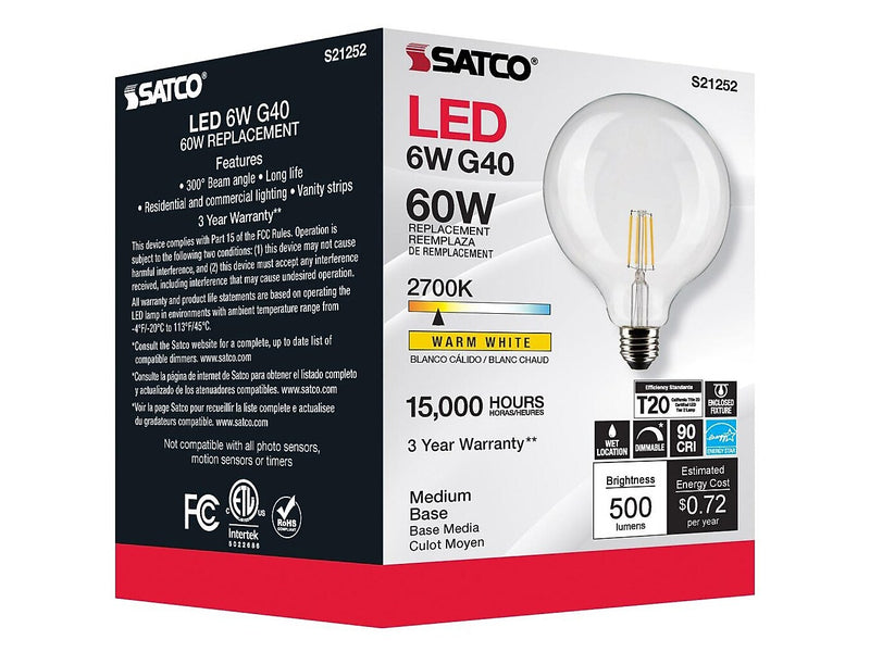 Satco Lighting 6-Watt Warm White LED Decorative Bulb, 6/Carton (S21252)