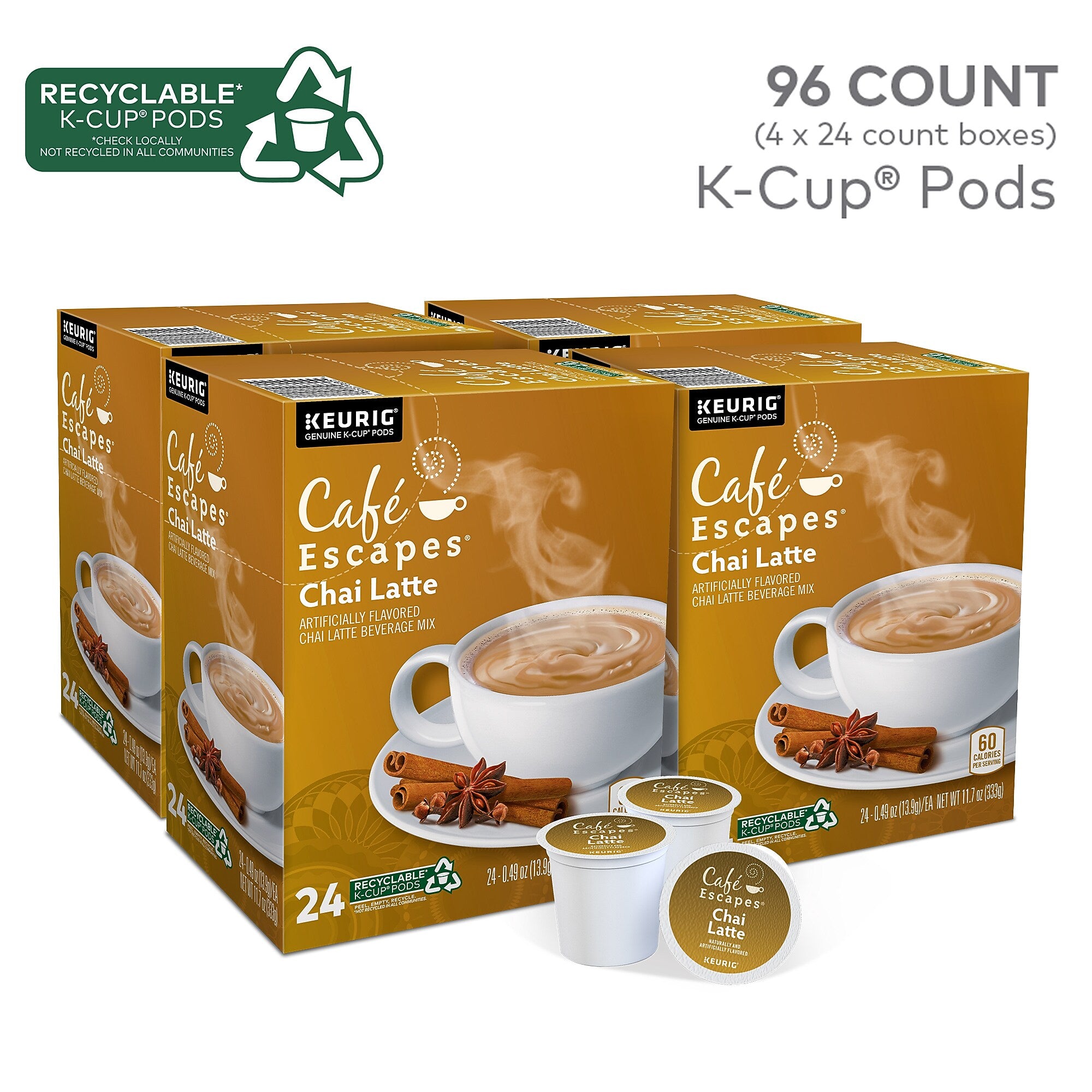 Cafe Escapes Chai Latte Coffee Keurig® K-Cup® Pods, Light Roast, 96/Carton (5000330074CT)