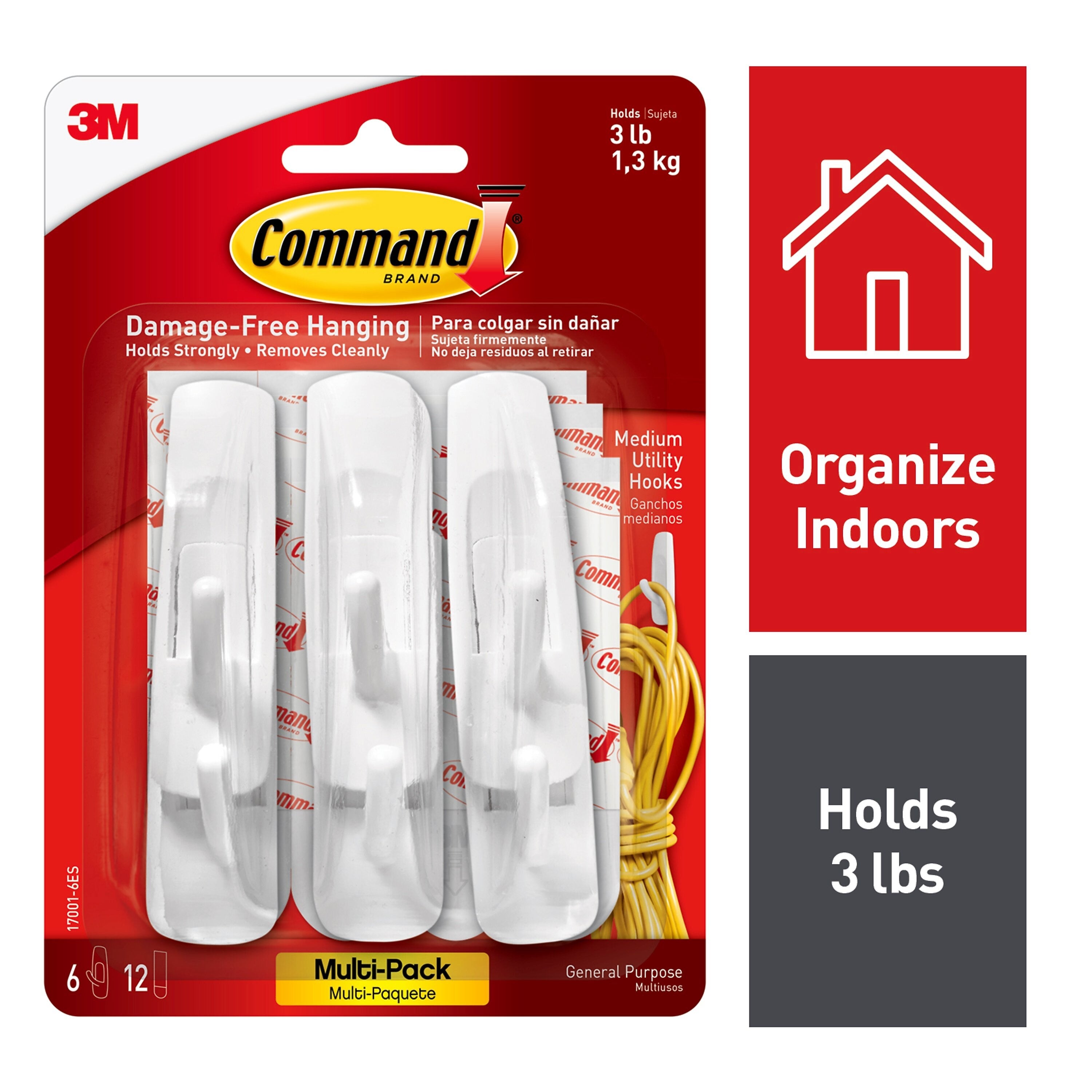 Command Medium Utility Hooks, 3 lb., White, 6/Pack (17001-6ES)