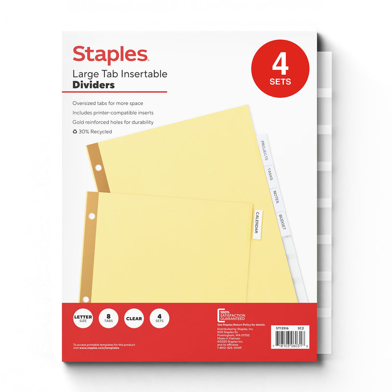Staples Large Tab Insertable Paper Divider, Clear, 8-Tabs, 4 Sets (13516/14482)