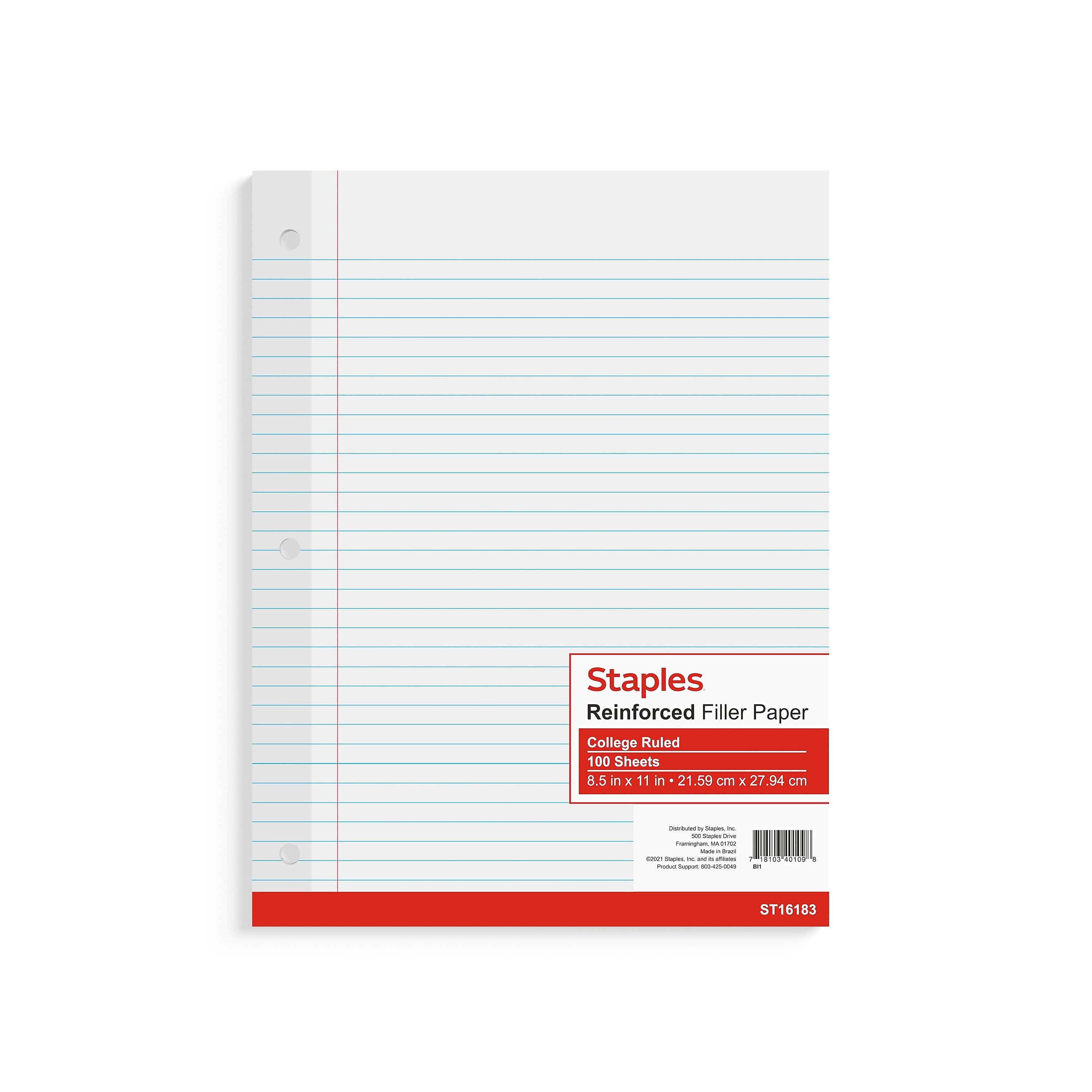 Staples College Ruled Filler Paper, 8.5" x 11", 100 Sheets/Pack, 12 Packs/Carton (TR16183)