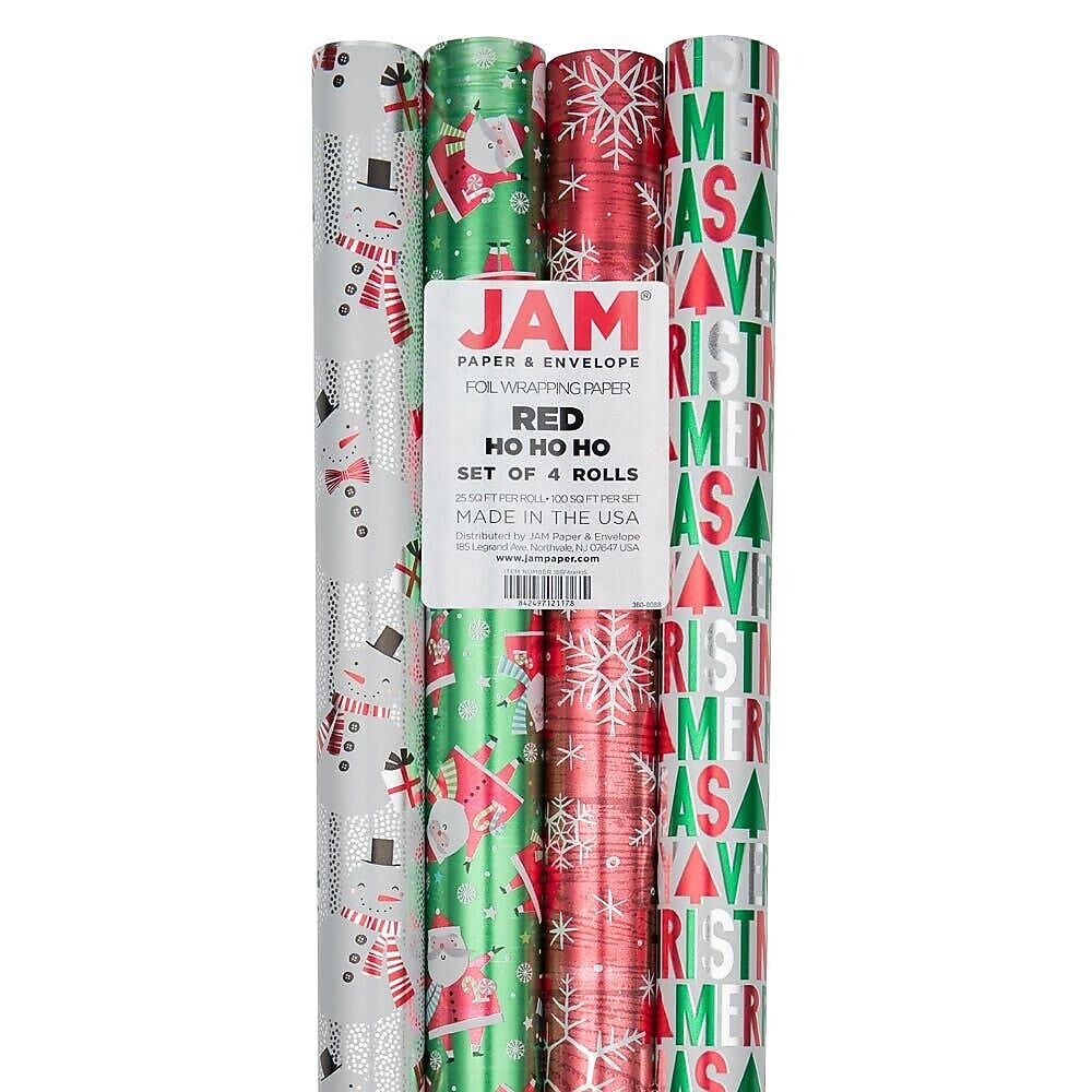 JAM Paper Christmas Wrapping Paper, 25 Sq. ft. x 30", Red Ho Ho Ho Santa Set, 4 Rolls/Pack (165F4reHoS)