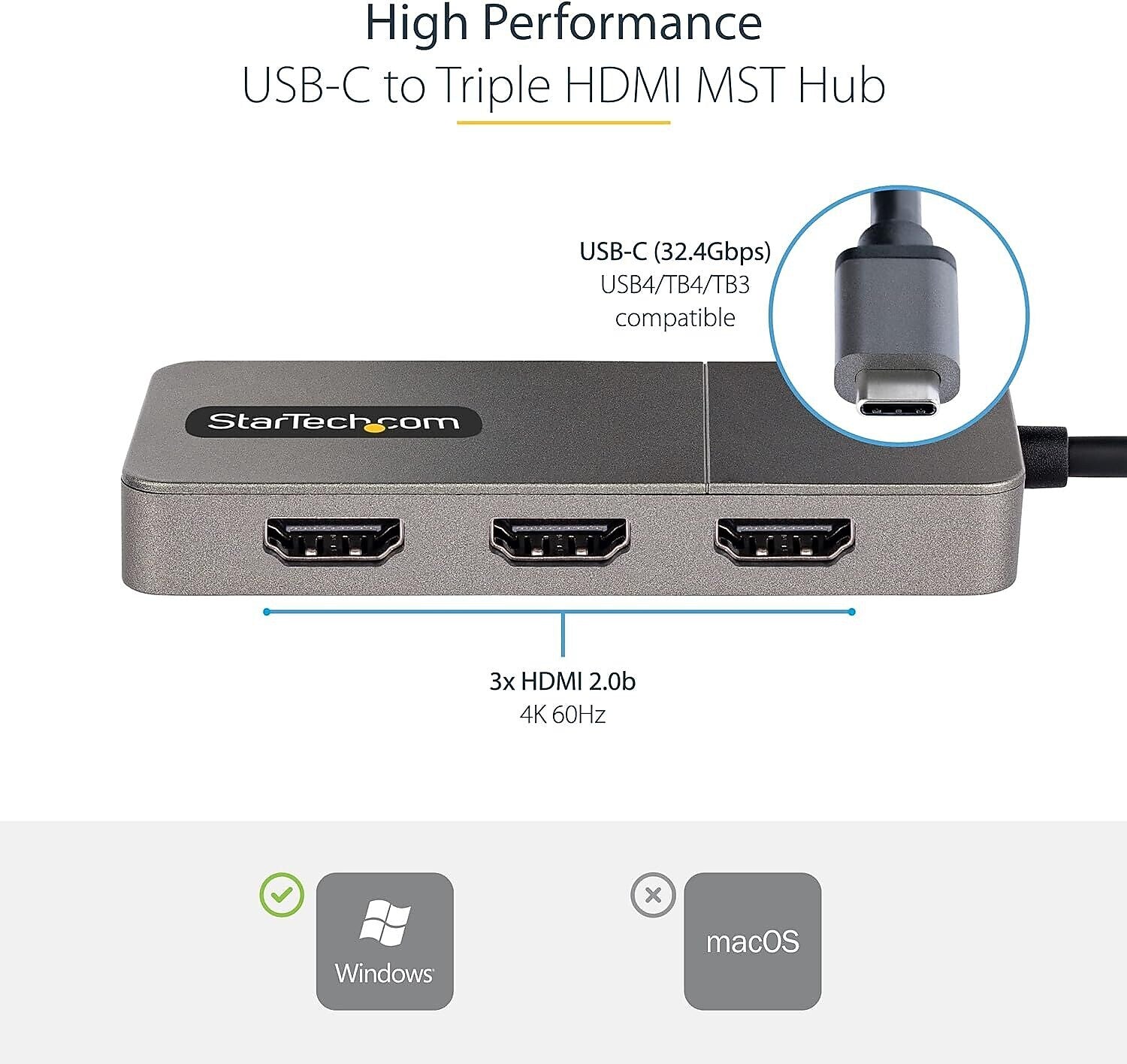 StarTech 3-Port USB-C to Triple HDMI Multi-Monitor Adapter, Male to Female/Female/Female, Space Gray (MST14CD123HD)