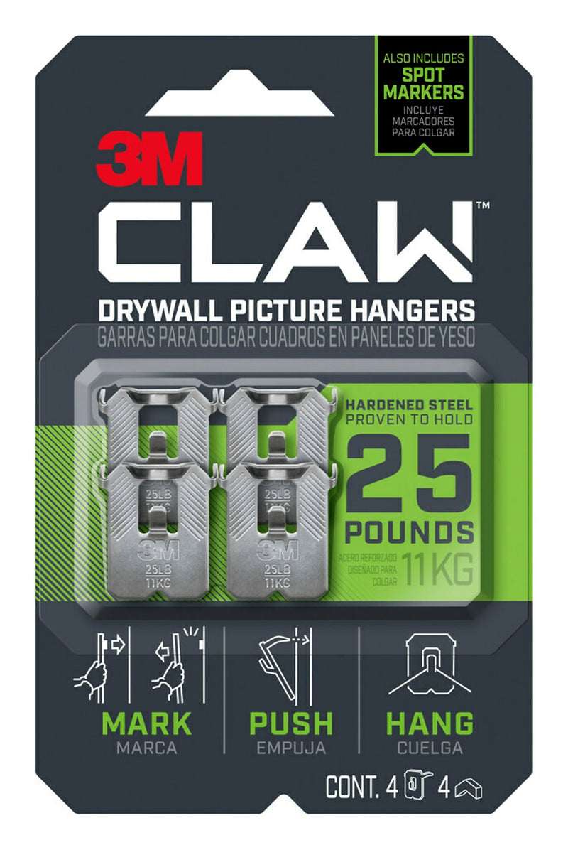 3M CLAW Large Picture Hanger, 25 lb, Silver, 4/Pack (3PH25M4ES)