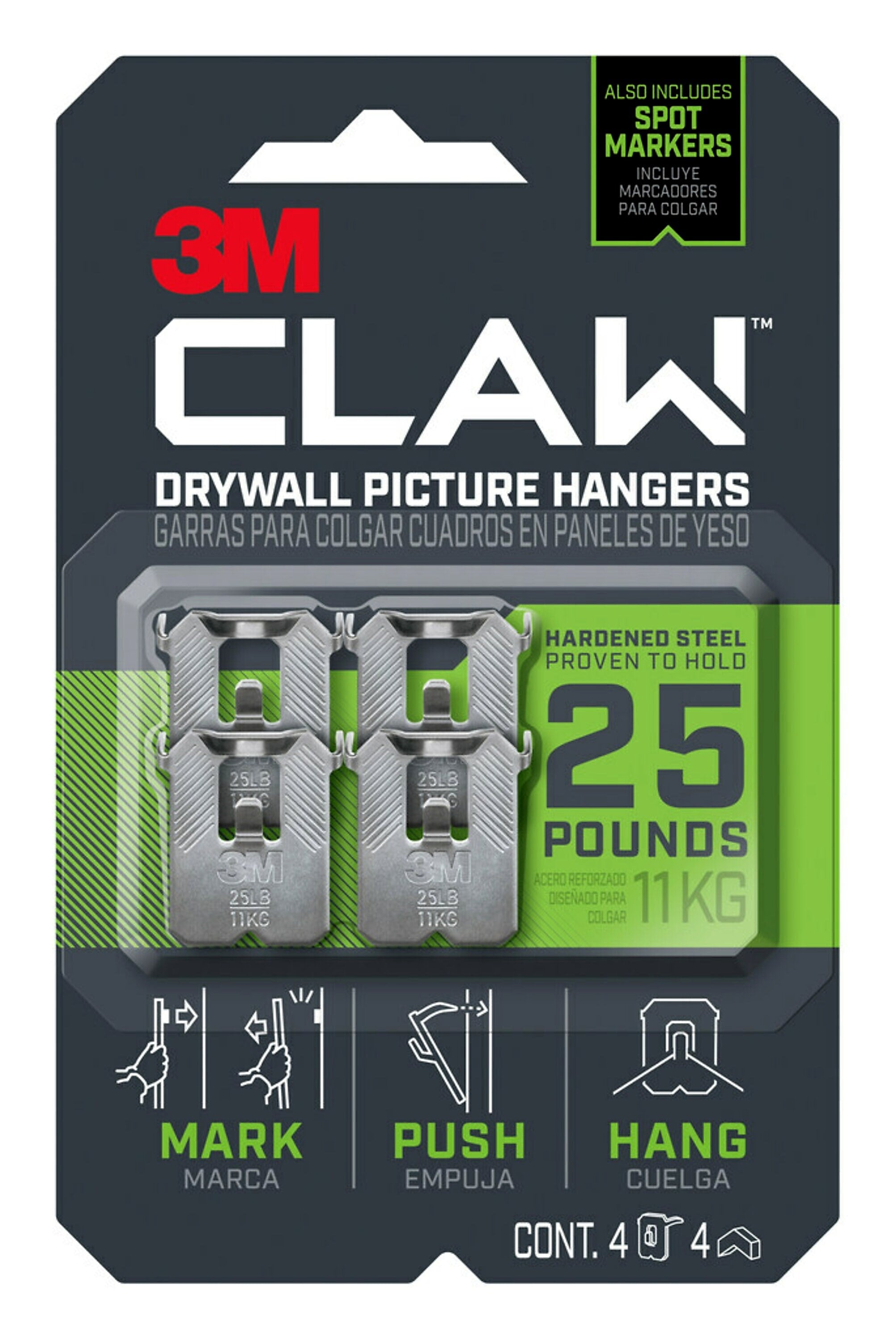 3M CLAW Drywall Hanger, 25 lbs., Silver, 4/Pack (3PH25M4ES)