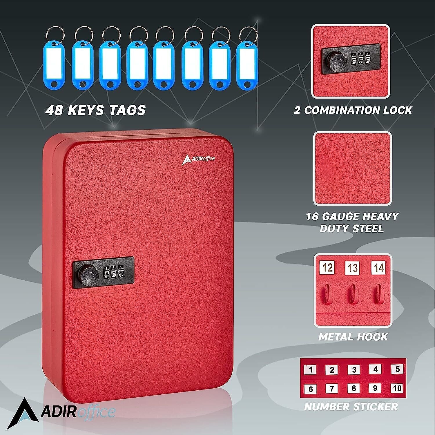 AdirOffice 48-Key Cabinet with Combination Lock and Key Tags, Red (682-48-RED-689-PKG)