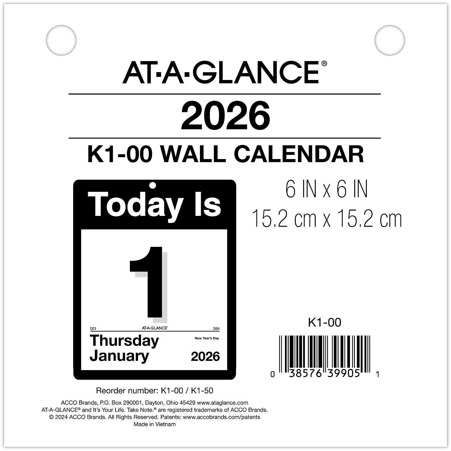 2026 AT-A-GLANCE Today Is 6" x 6" Daily Calendar Refill Pages, White/Black (K1-50-26)