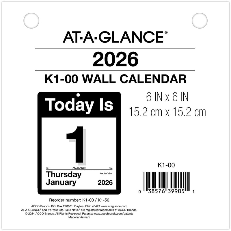 2026 AT-A-GLANCE Today Is 6" x 6" Daily Calendar Refill Pages, White/Black (K1-50-26)