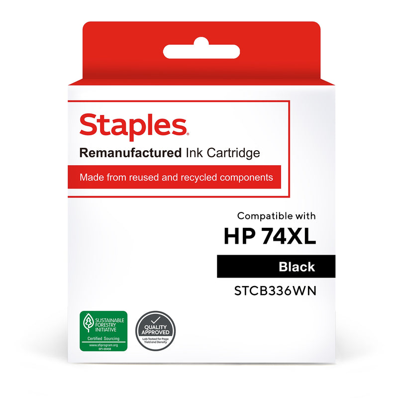 Staples Remanufactured Black High Yield Ink Cartridge Replacement for HP 74XL (TRCB336WN/STCB336WN)