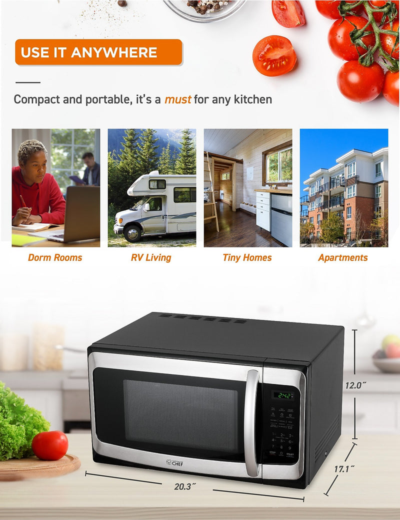 Commercial Chef 1.1 Cu. Ft. Countertop Microwave, Black with Stainless Steel (CHM11MS)