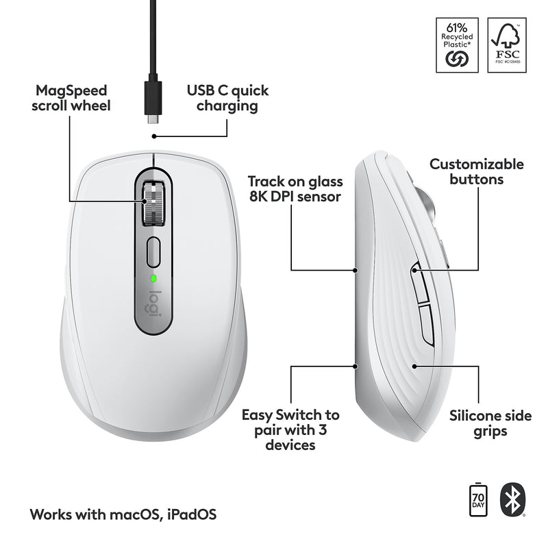 Logitech MX Anywhere 3S Wireless Mouse, Pale Gray (910-006944)