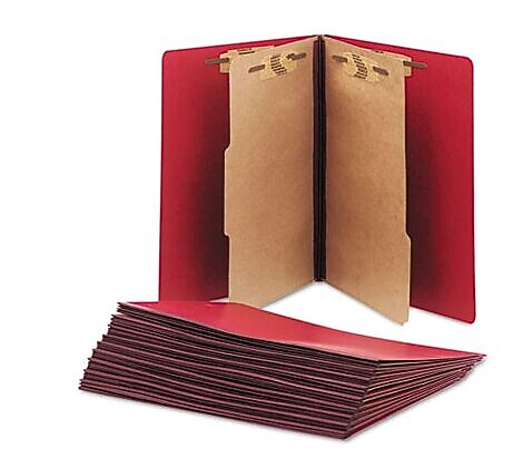 AbilityOne SKILCRAFT Pressboard Top Tab Classification Folder, 2 Dividers, 6 Fasteners, Letter Size, Dark Red, 10/Box