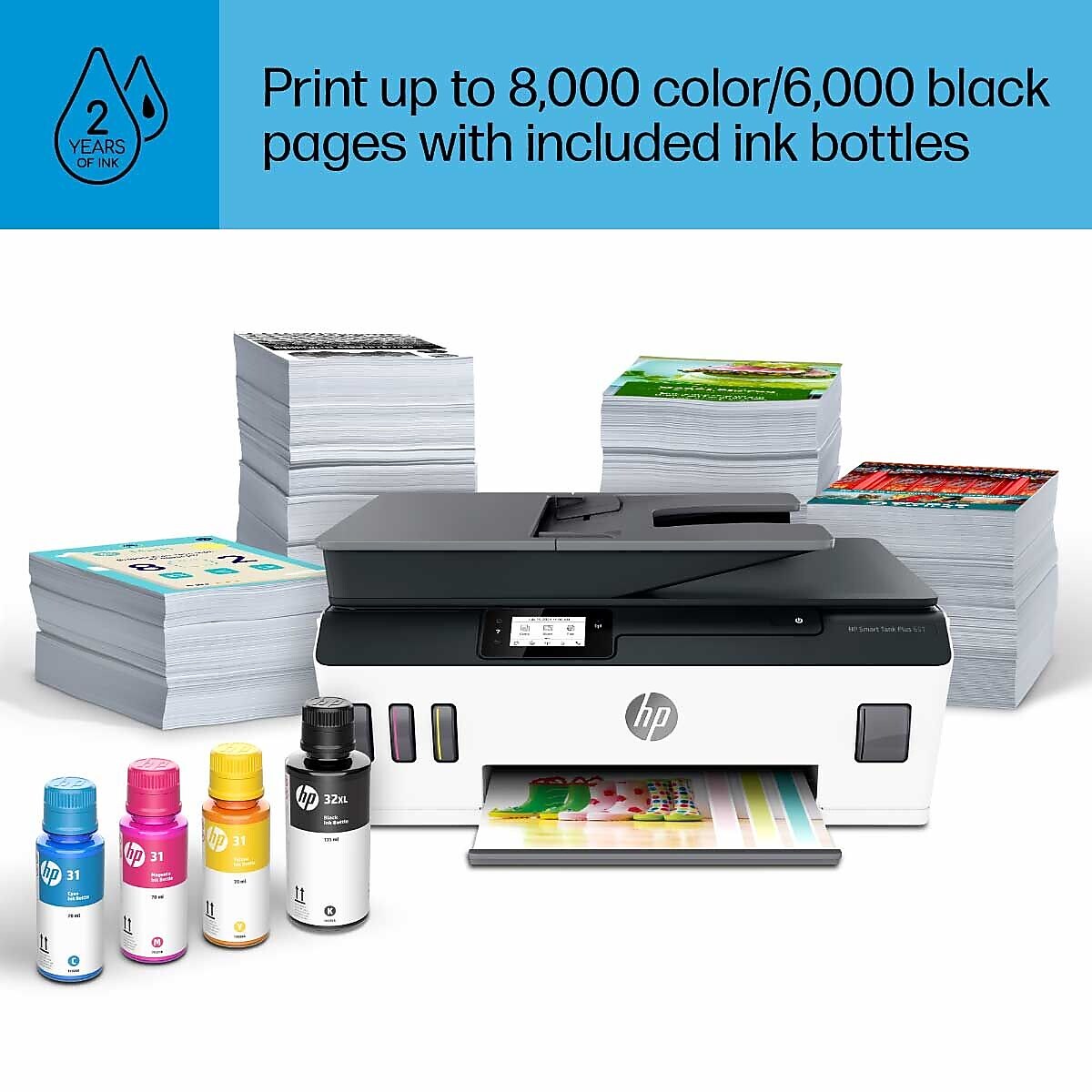 HP Smart Tank Plus 651 Wireless Color All-in-One Ink Tank, Print, Scan, Copy, 2 Years of Ink Included (7XV38A)