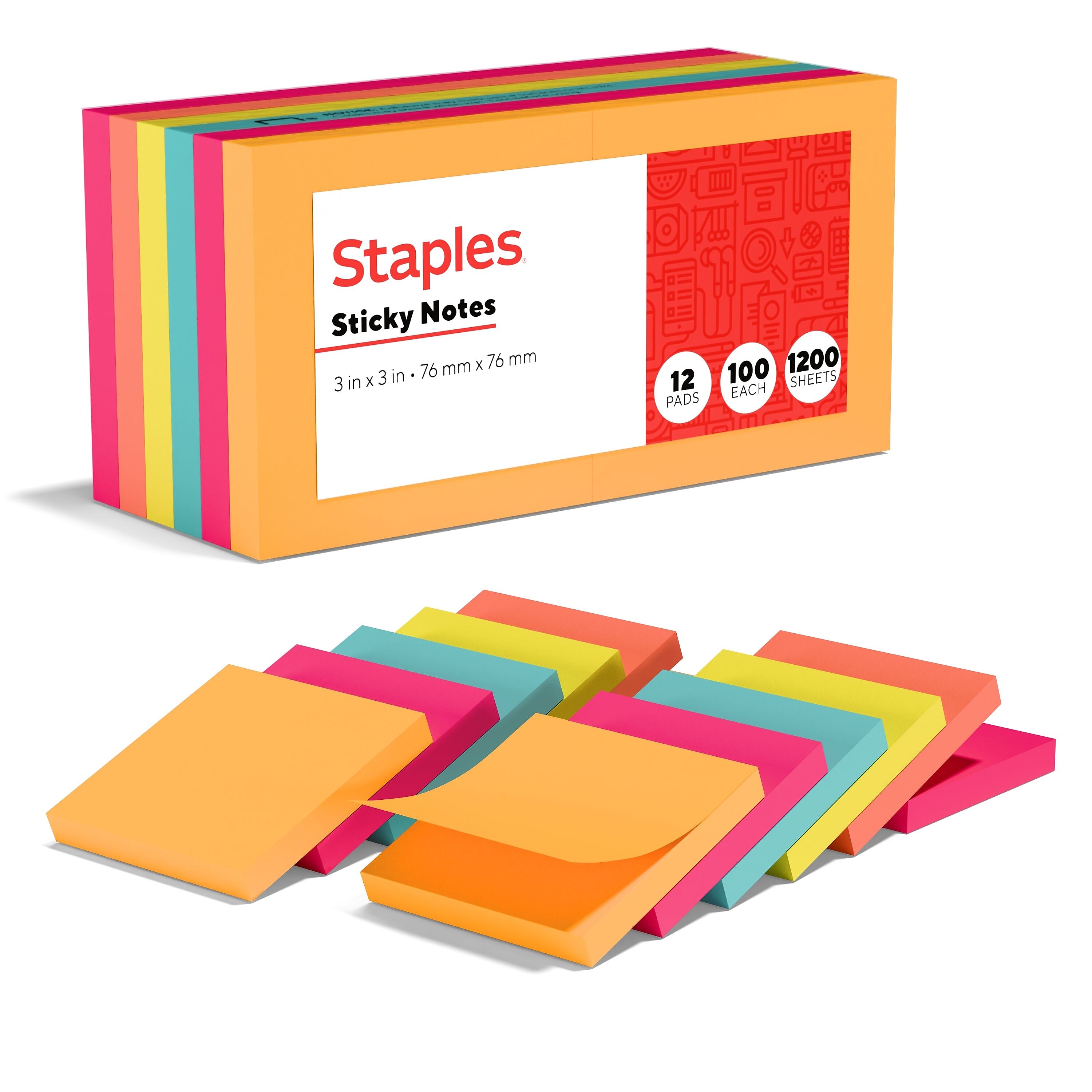 Staples Sticky Notes, 3" x 3", Dusk to Dawn Collection, 100 Sheets/Pad, 12 Pads/Pack (S-33BR12/52567)