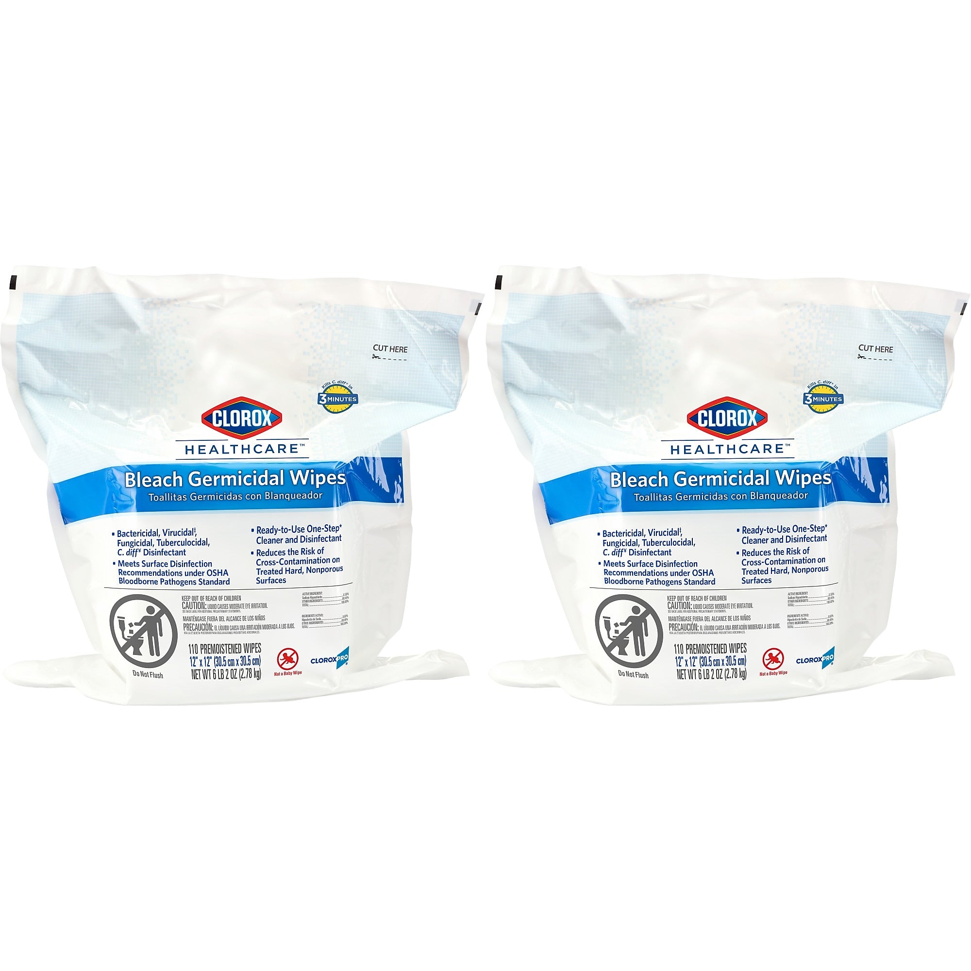 Clorox Healthcare Bleach Germicidal Wipes Refill, 110 Wipes/Container, 2/Pack (30359)