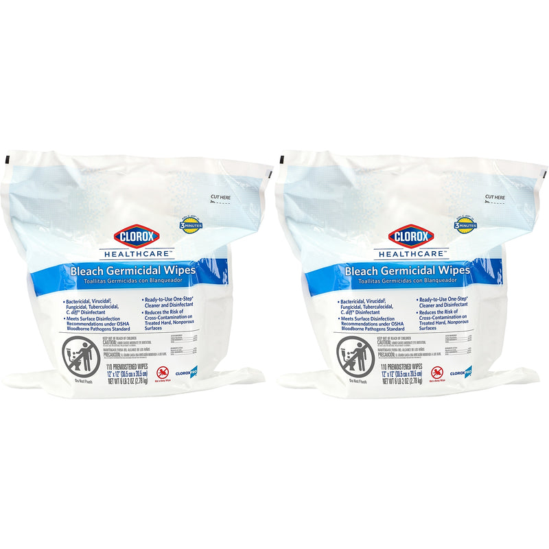 Clorox Healthcare Bleach Germicidal Wipes Refill, 110 Wipes/Container, 2/Pack (30359)