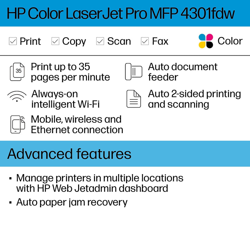 HP LaserJet Pro MFP 4301fdw Wireless Color All-In-One Laser Printer, Print, Scan, Copy, Fax, Best for Office (4RA82F)