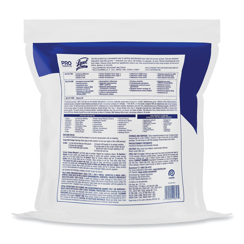 LYSOL Professional Disinfecting Wipe Bucket Refill, 1-Ply, 6 x 8, Lemon and Lime Blossom, White, 800 Wipes/Bag, 2 Refill Bags/CT