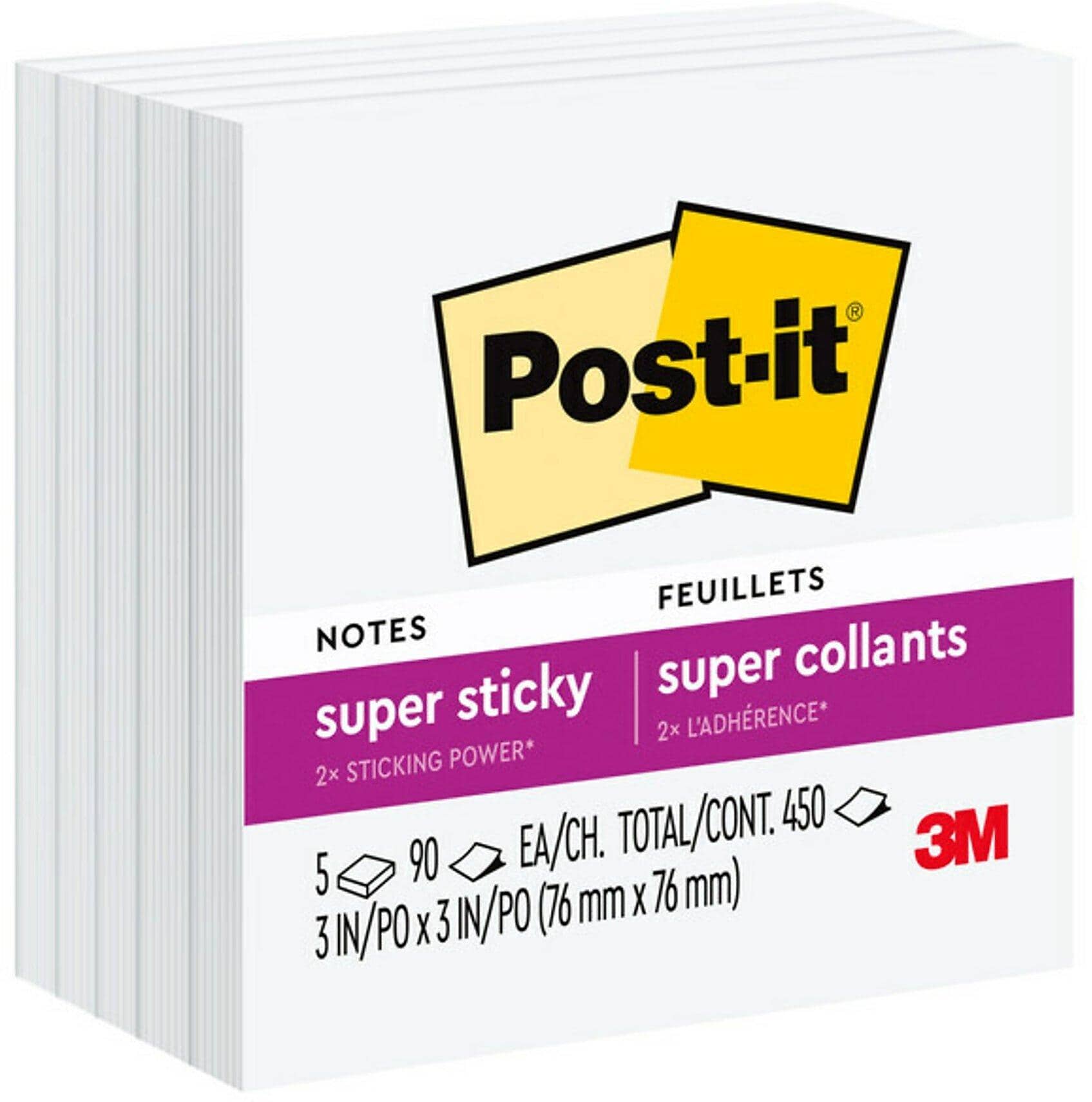 Post-it Super Sticky Notes, 3" x 3", White, 90 Sheet/Pad, 5 Pads/Pack (654-5SSW)