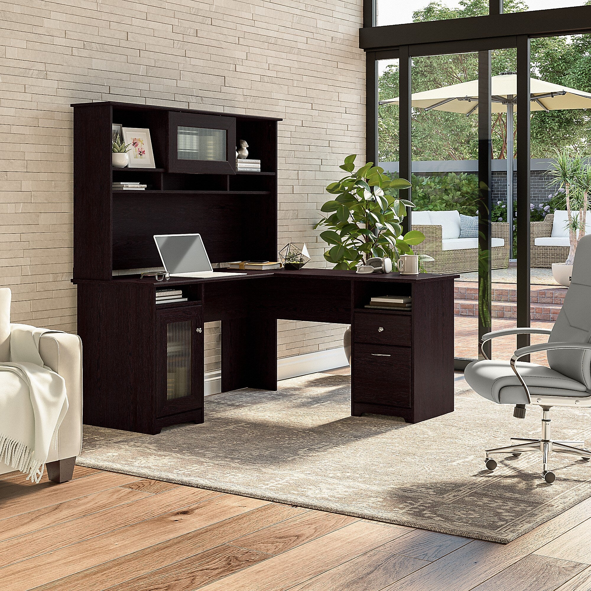Bush Furniture Cabot 60"W L Shaped Computer Desk with Hutch and Storage, Espresso Oak (CAB001EPO)