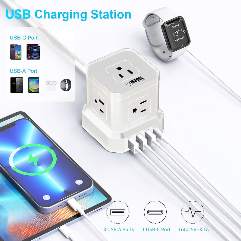 Uncaged Ergonomics Cube 5-Outlet 4-USB Port Surge Protector, 10', White (PC-w-c)