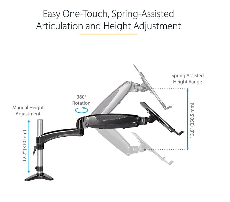 StarTech Adjustable Desk Mount Laptop Arm for 34" Monitor, Black/Silver (ARMUNONB1)