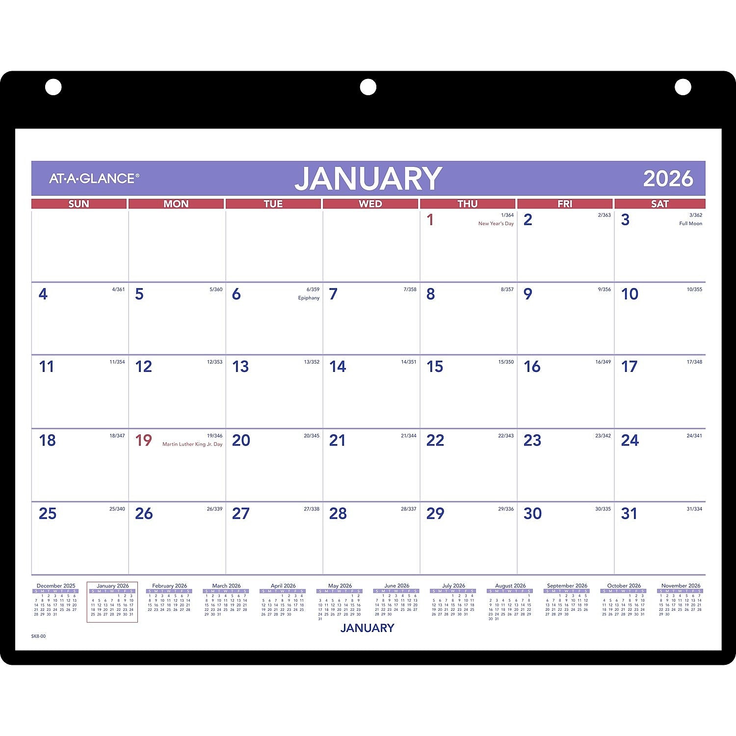 2026 AT-A-GLANCE 11" x 8" Wet-Erase Desk or Wall Calendar, White/Purple (SK8-00-26)