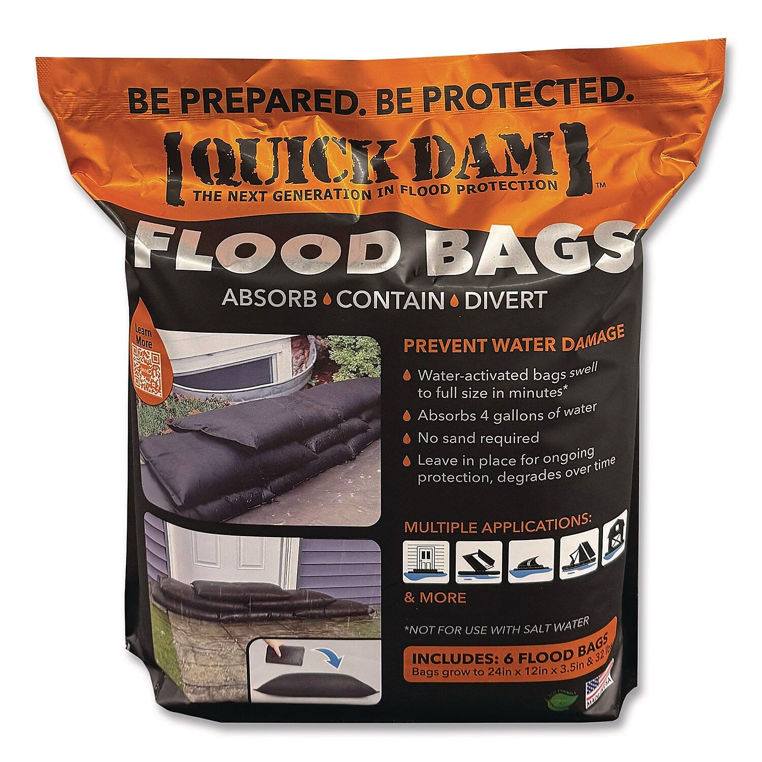 Quick Dam Water Flood Bags, 12" x 24" x 3.5", 6/Pack (QD1224-6ES)