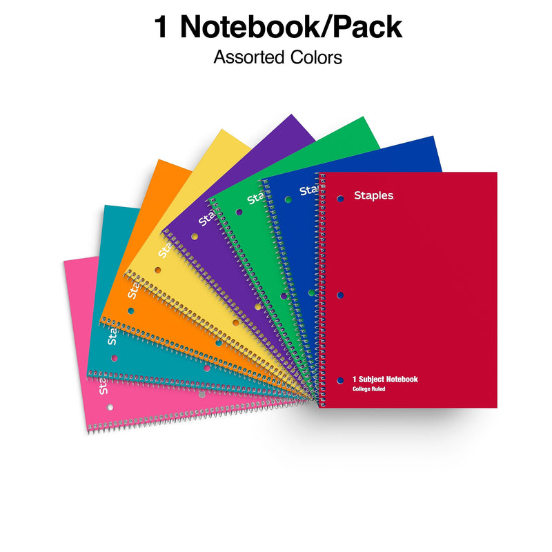 Staples 1-Subject Notebooks, 8" x 10.5", College Ruled, 70 Sheets, Assorted Colors, 48/Pack (10871)
