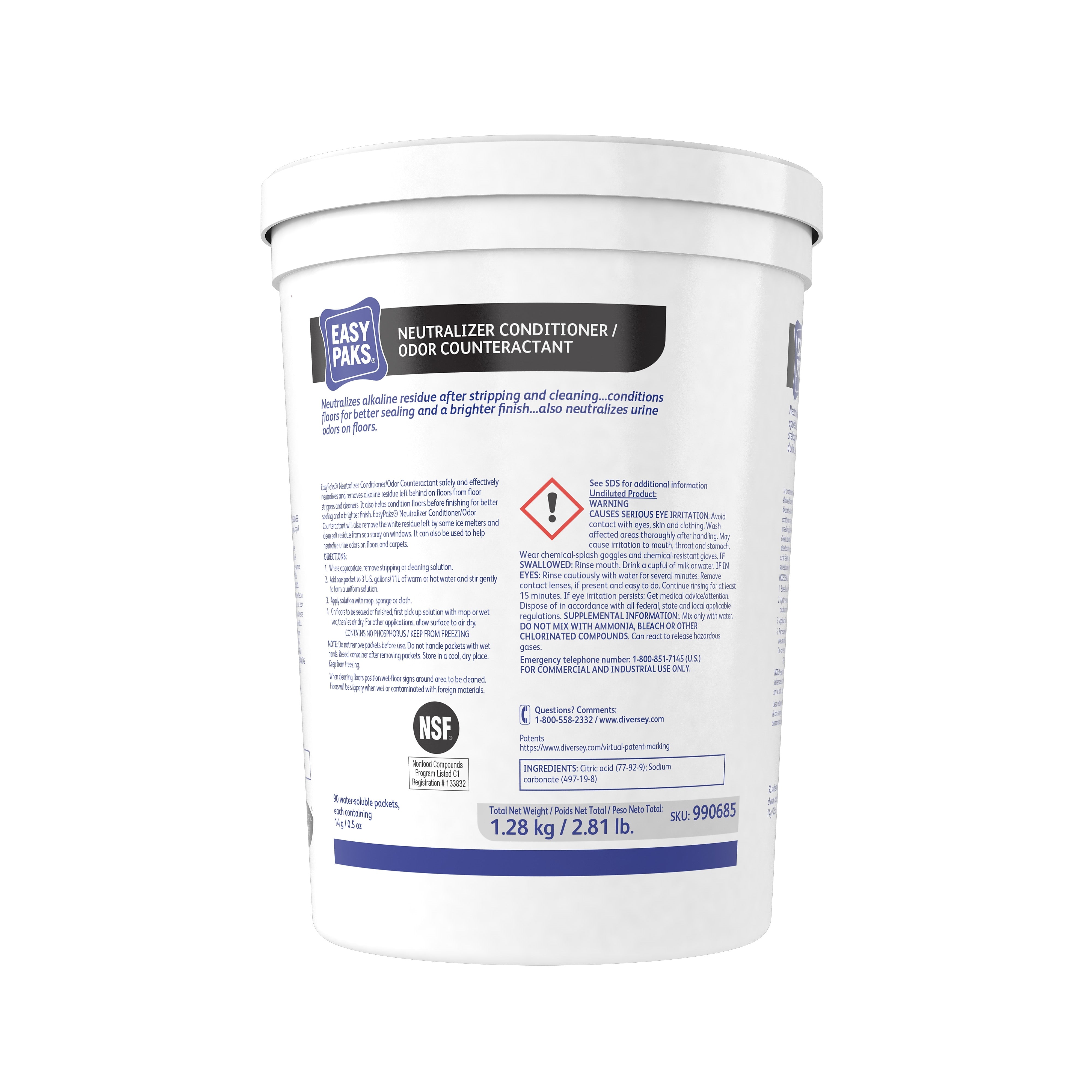 Easy Paks Neutralizer/Conditioner Powder-To-Liquid Deodorizer, 0.5 oz. Packets, 90 Packets/Tub, 2 Tubs/Carton (990685CT)