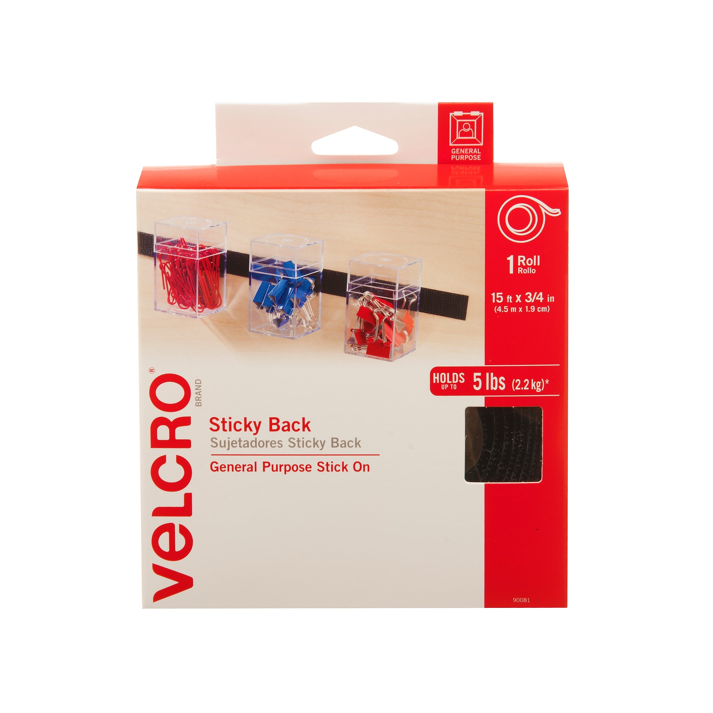 Velcro® Brand 3/4" x 15' Sticky Back Hook & Loop Fastener Roll, Black (90081)