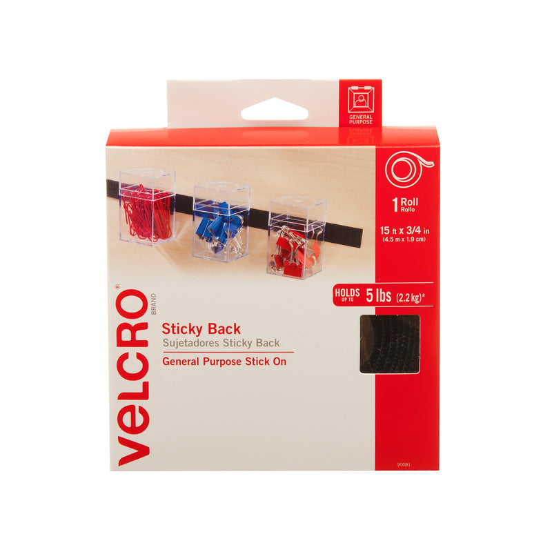 Velcro® Brand 3/4" x 15' Sticky Back Hook & Loop Fastener Roll, Black (90081)