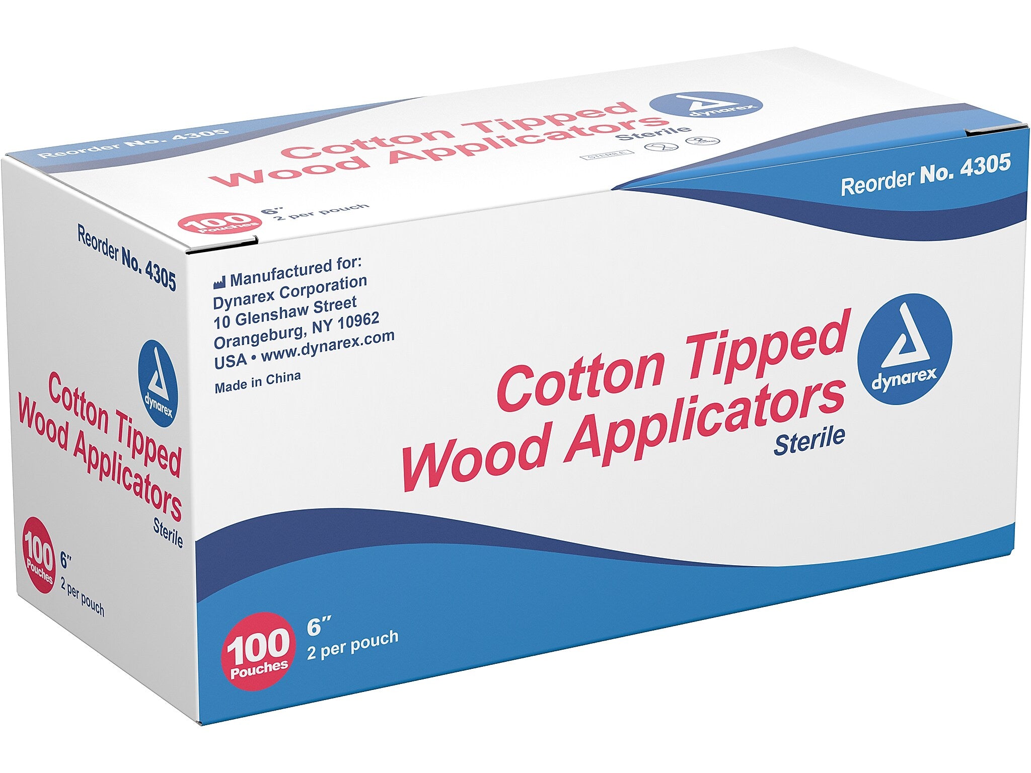 Dynarex Cotton-Tipped Applicator, Sterile, 2/Pouch, 100 Pouches/Box, 10 Boxes/Carton (4302)