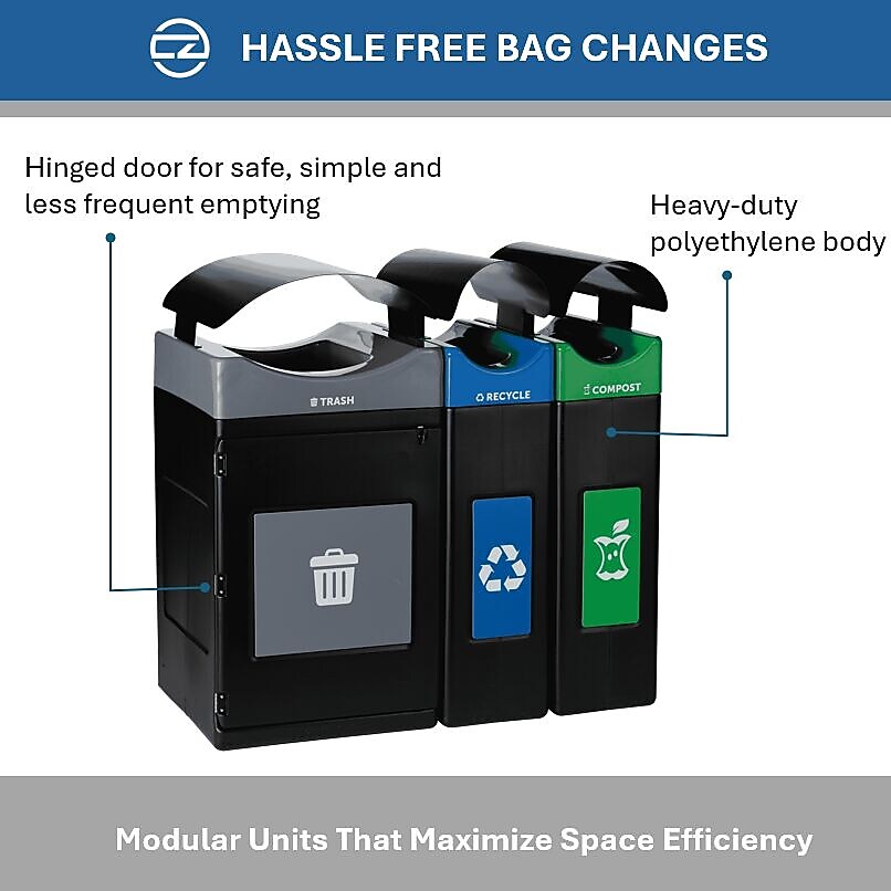 Commercial Zone Avante Series Polyethylene Triple-Stream Trash, Recycling and Compost Center, 115 Gallon, Black (787304MSA)
