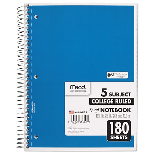 Mead 5-Subject Notebooks, 8" x 10.5", College Ruled, 180 Sheets, Assorted Colors (MEA05682)