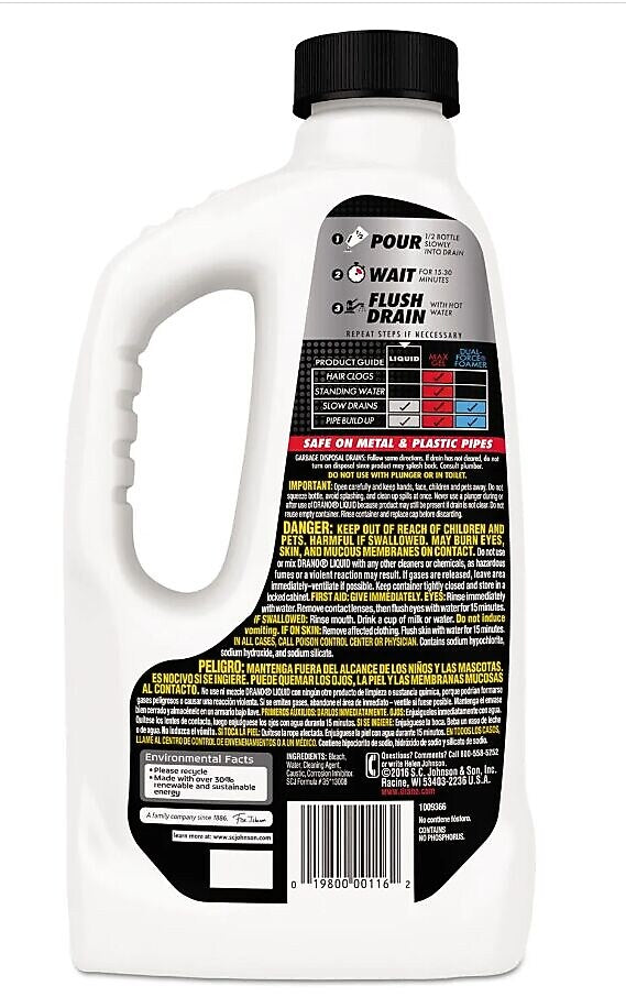 Drano Liquid Drain Cleaner, 32 oz Safety Cap Bottle, 12/Carton (SJN335712)