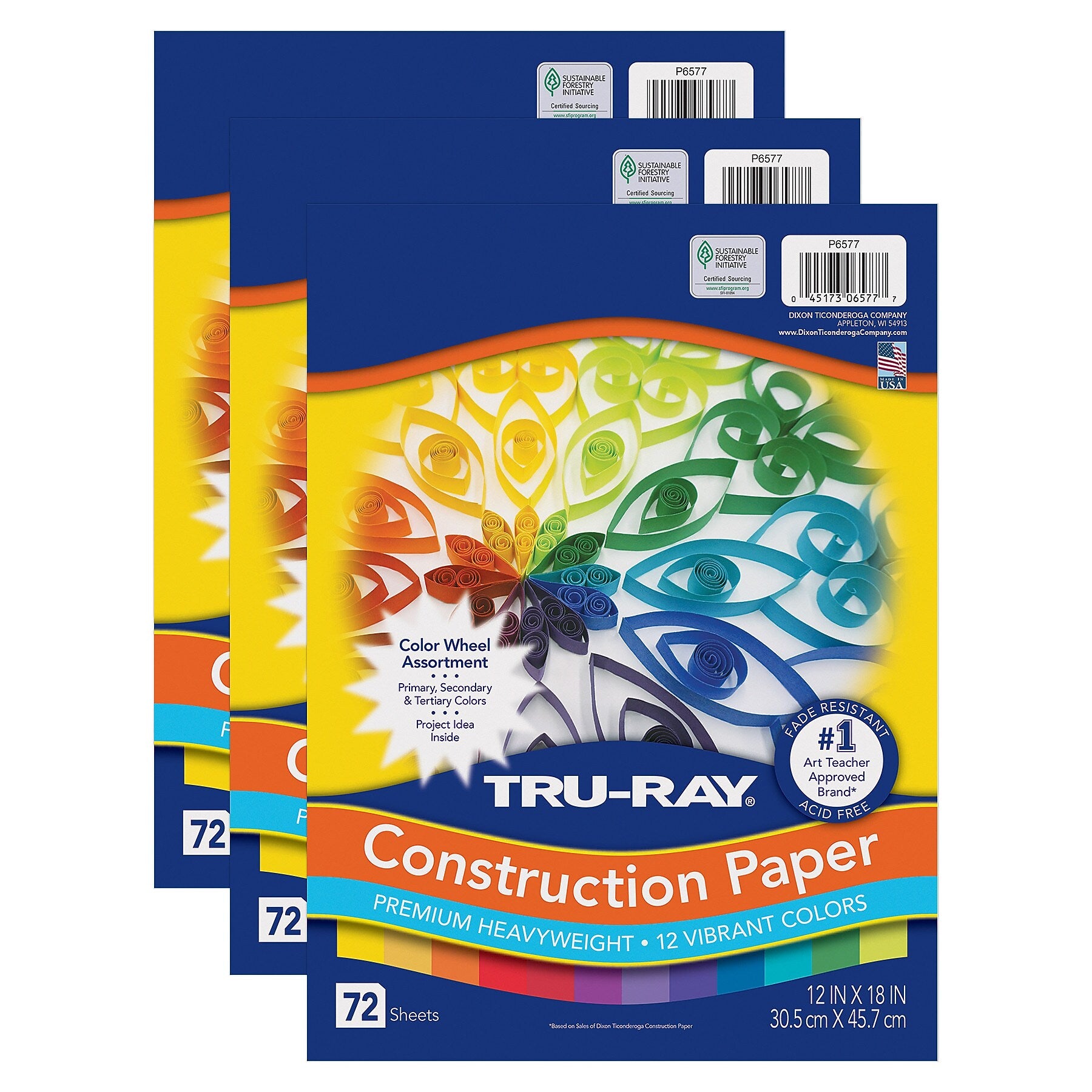 Tru-Ray Color Wheel 12" x 18" Construction Paper, Assorted Colors, 72 Sheets/Pack, 3 Packs/Bundle (PAC6577-3)