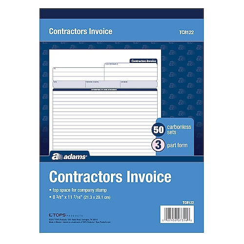 Adams Contractor's Invoice Book , 3 Part, 8.38'' x 11.44'', 50 Sets/Book (TC8122)