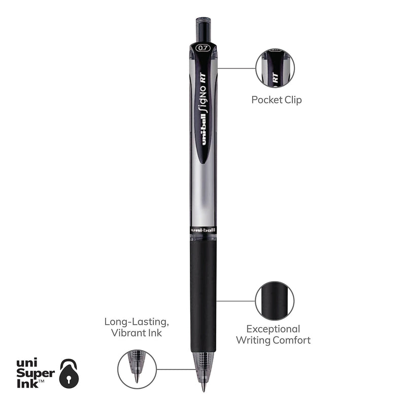 uni-ball Signo RT Gel Pens, Medium Point, 0.7mm, Black Ink, Dozen (65940)