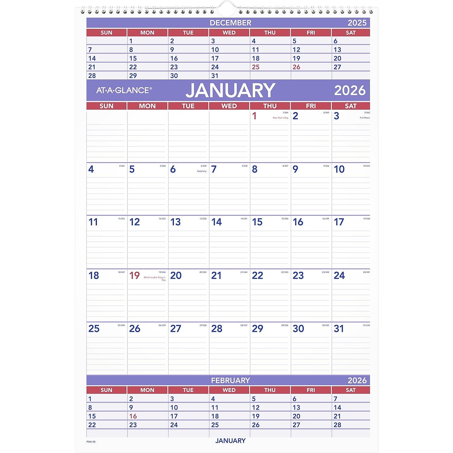 2026 AT-A-GLANCE 15.5" x 22.75" Three-Month Wall Calendar, White/Purple (PM6-28-26)