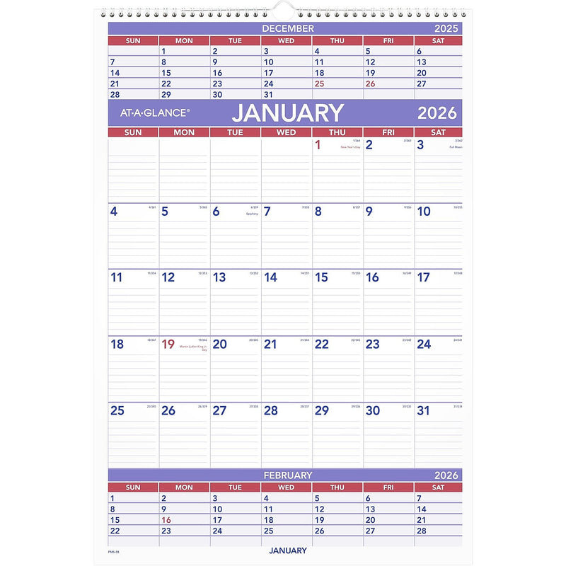 2026 AT-A-GLANCE 15.5" x 22.75" Three-Month Wall Calendar, White/Purple (PM6-28-26)