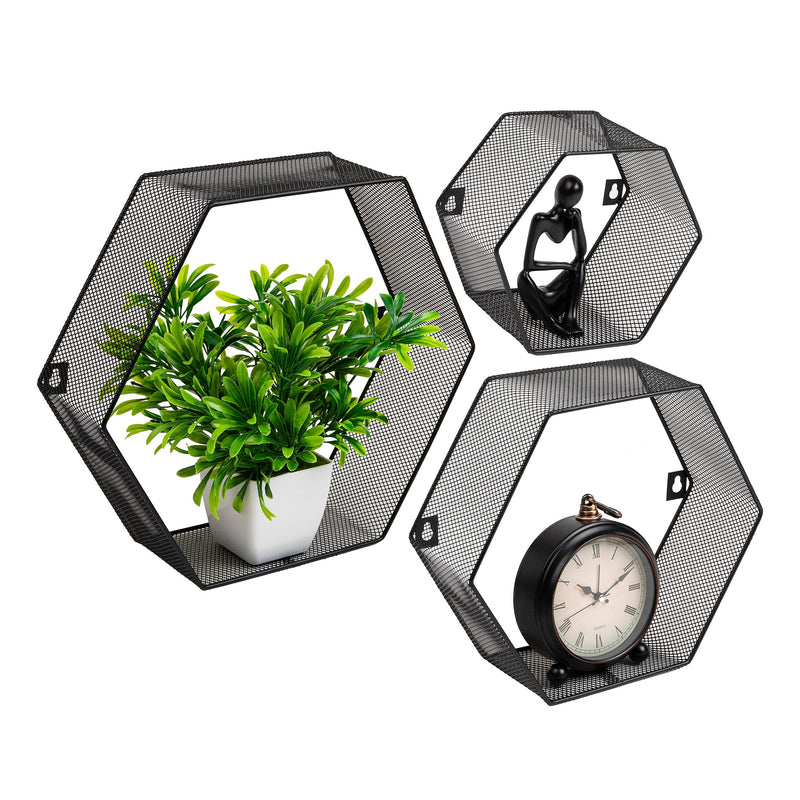 Mind Reader 3-Shelf Metal Honeycomb Hexagon Floating Shelves, Black, 3/Set (WALL3PC-BLK)