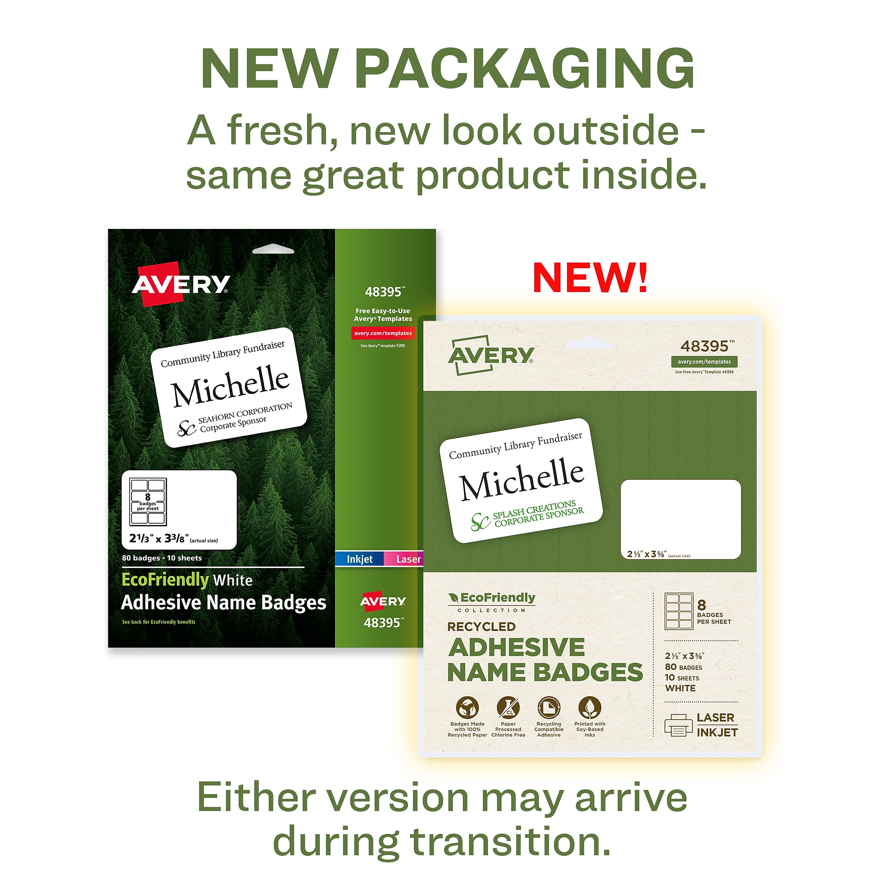 Avery EcoFriendly Laser/Inkjet Removable Name Tags, 2 1/3" x 3 3/8", White, 10 Sheets/Pack, 80 Labels/Pack (48395)