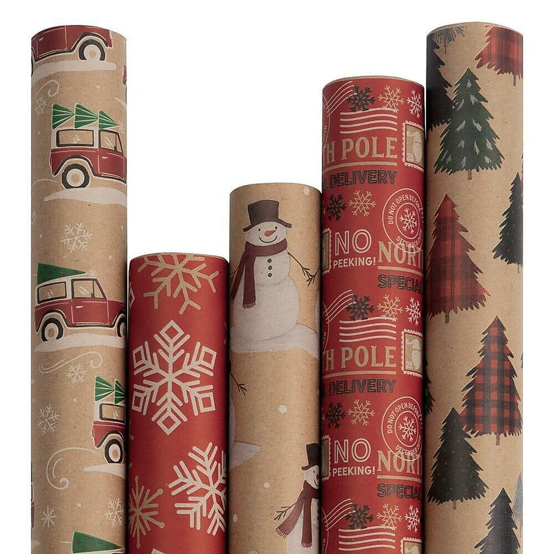 JAM Paper Christmas Wrapping Paper, 25 Sq. ft. x 30", Kids Kraft Christmas Set, 5 Rolls/Pack (165K5KRKID)