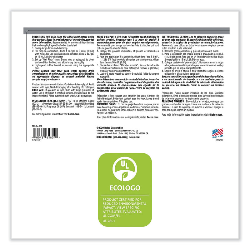 Betco One Step Floor Restorer, Lemon Scent, 1 Gal. Bottle, 4/Carton (BET6180400)