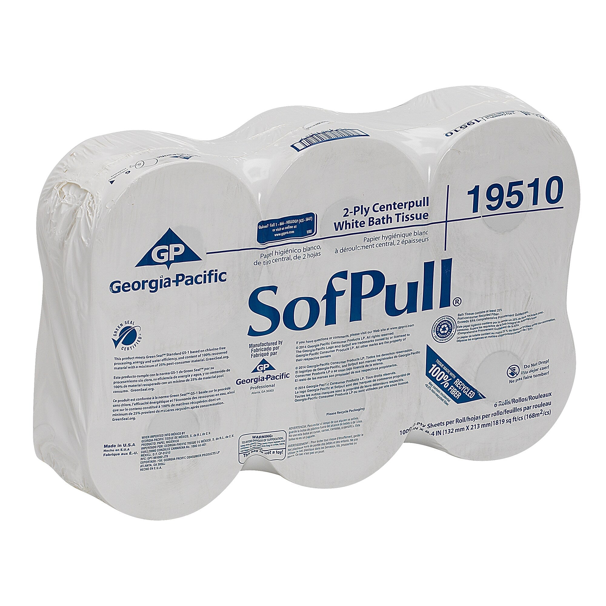 SofPull CenterPull Toilet Paper, 2-Ply, White, 1000 Sheets/Roll, 6 Rolls/Carton (19510/19500)